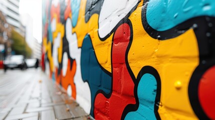 A close-up view of a colorful street art mural featuring bold shapes and vibrant colors, capturing the creativity and energy of urban art culture on a city street.