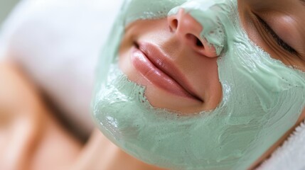 Fototapeta premium Close-up of a person's face covered in a green facial mask, lying down and enjoying a spa treatment, suggesting relaxation and self-care in a peaceful setting.
