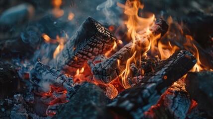 Detailed close up of blazing campfire with smoke and embers offering copy space
