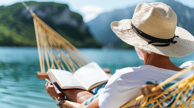A man wearing a wide-brimmed hat lounges in a striped hammock by a mountain lake, absorbed in a book with a stunning backdrop of mountains and water, epitomizing relaxation.