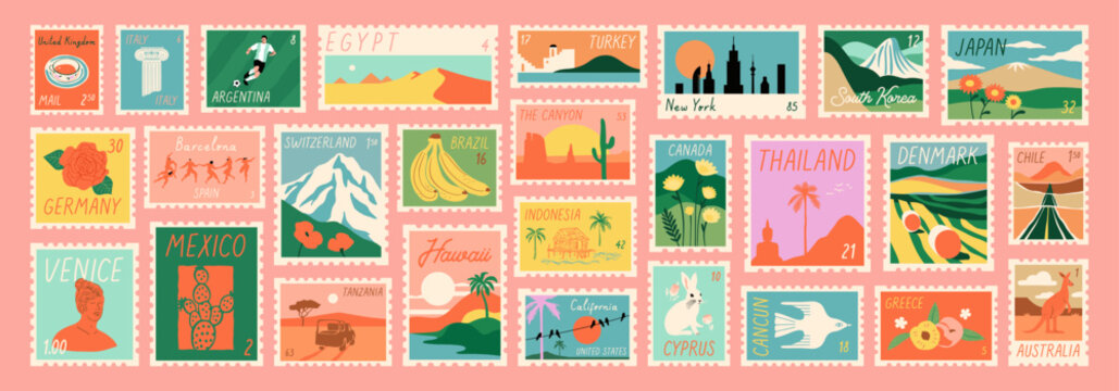 Set of vintage world travel post card stamp illustration. Retro style international country landscape postage sticker collection, famous landmark mail postmark, tourism city view postal label.