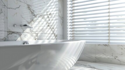 Close up of bathtub with marble wall and window blinds