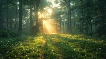 Obraz premium Sun rays breaking through the trees in a serene forest