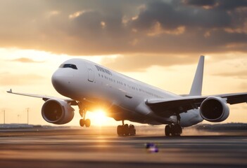 passenger aircraft off rays airport backdrop from white runway evening sky sun take scenic aeroplane plane jet airliner airline airway