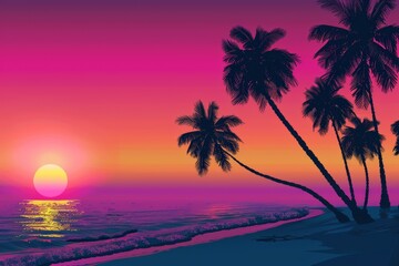Vintage retro style summer T-shirt design with palm tree, sea beach and sunset. Beautiful simple AI generated image in 4K, unique.