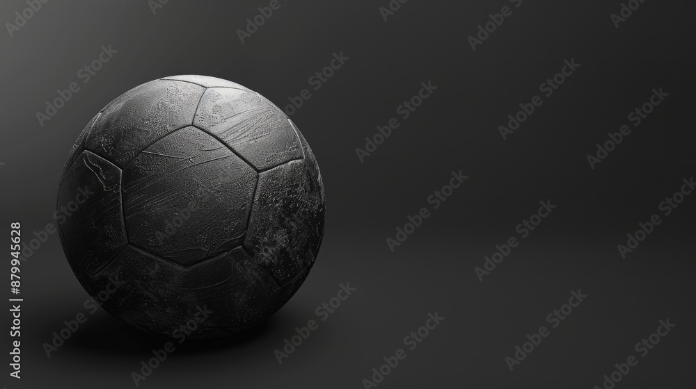 Poster Black soccer ball on black background with textured surface and space for text