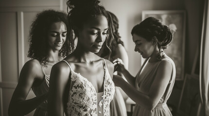 Bride getting ready with her bridesmaids, highly professional photo picture capturing natural poses and fine details, wedding, with copy space