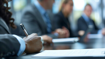 Professionals engaged in a corporate meeting with focus on hand writing.