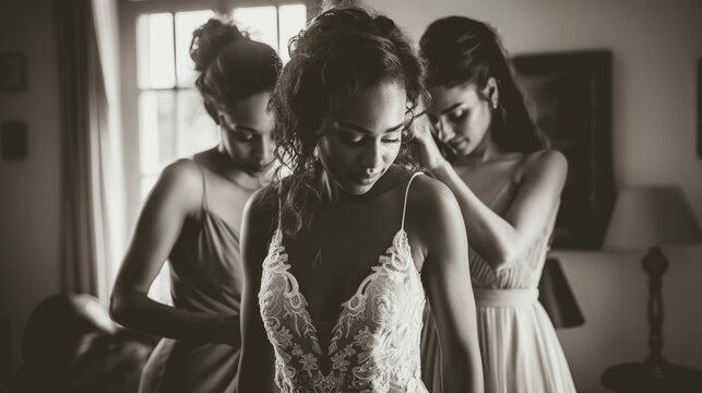 Bride getting ready with her bridesmaids, highly professional photo picture capturing natural poses and fine details, wedding, with copy space