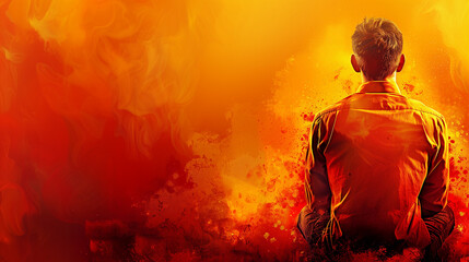 Person surrounded by vibrant, fiery abstract background.
