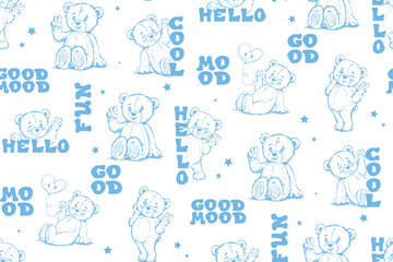 Seamless Teddy Bear pattern in pastel colors. White background with linear illustration bear, text Good, mood, cool, hello. Kids print