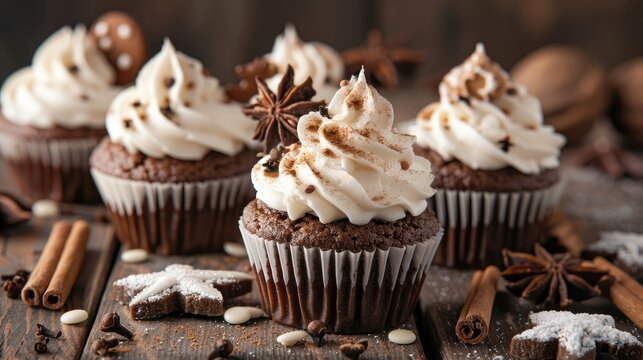 Holiday themed gingerbread cupcakes with chocolate and vanilla muffins topped with whipped cream seasonal spices and gingerbread cookie garnish on a rustic wooden background with space for