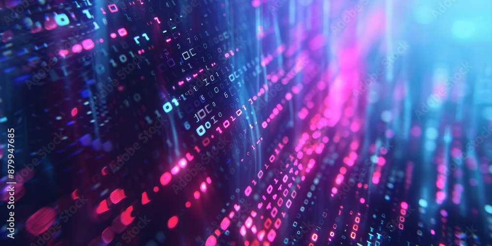 Poster a digital matrix with streaming lights and binary codes portrays data flow and technology advancemen