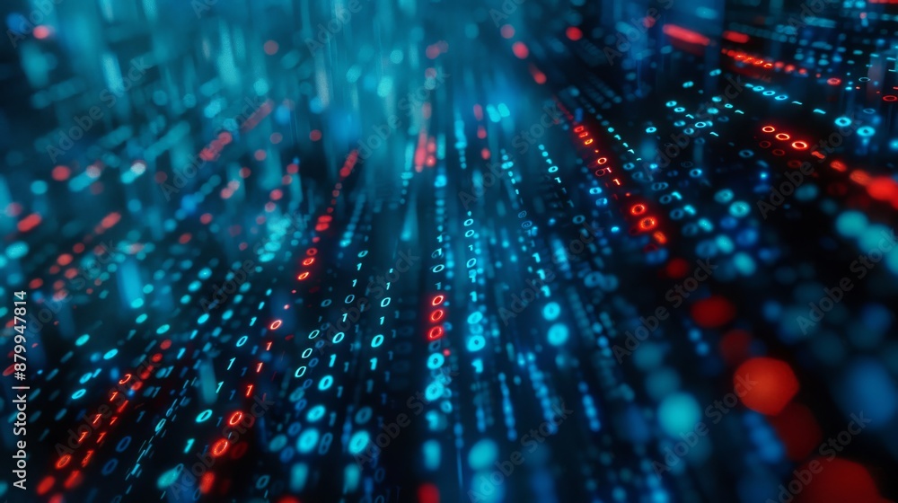 Poster a digital matrix with streaming lights and binary codes portrays data flow and technology advancemen