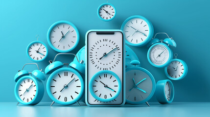 A smartphone surrounded by numerous blue clocks, symbolizing time management and digital scheduling, set against a blue background for a cohesive theme.

