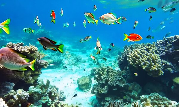 Blue Water Tropical Reef. Tropical underwater sea fish. Blue ocean underwater world. Marine life sea world. Great barrier reef in Australia.