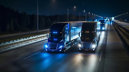 Self-driving semi trucks with trailers cruise along the road at night. Sensors help them see their surroundings. Special effects montrer the trucks navigating the highway using digital technology.