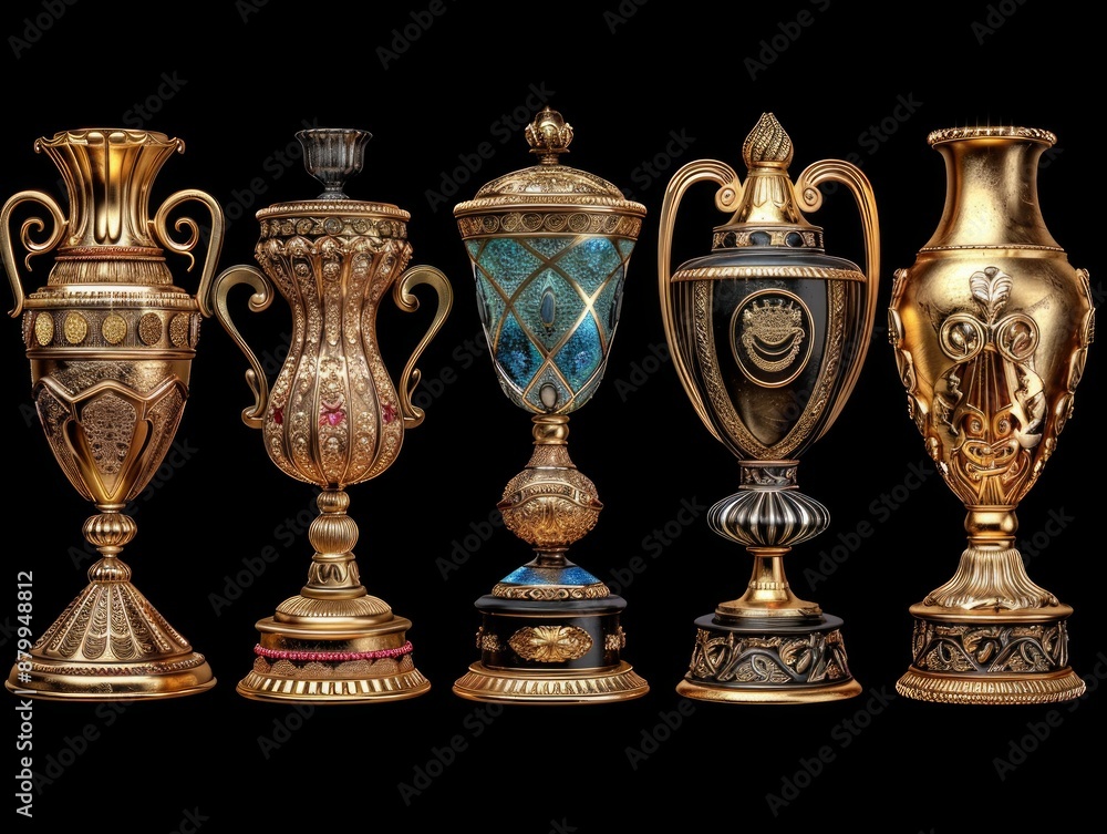 Poster unique collection of prize cups of varying shapes and sizes, elegantly placed next to each other.