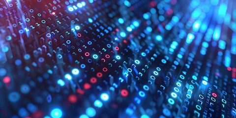 Obraz premium A digital matrix with streaming lights and binary codes portrays data flow and technology advancements