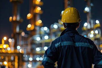 Back view of worker engineer in uniform and yellow hard hat looking at industrial refinery oil and gas plant at night