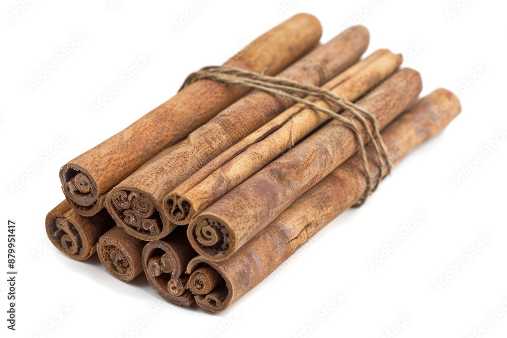 Poster Close-up of a bundle of cinnamon sticks tied with string on a white background