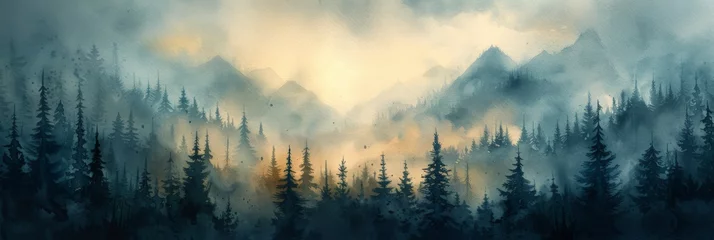 Beautiful watercolor landscape illustration, silhouette of forest on background of mountains