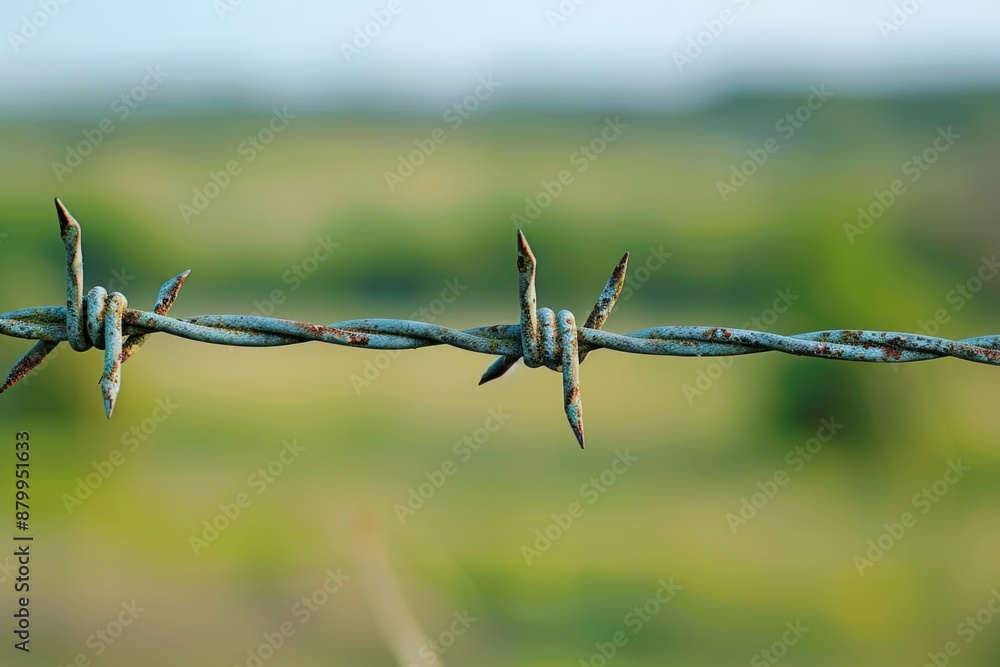 Poster a close up view of a barbed wire fence, ideal for use in scenes where security or confinement are im