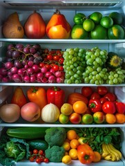 Refrigerator is full of fresh fruits and vegetables