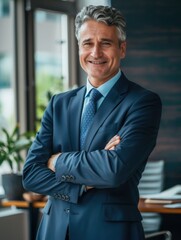 Fototapeta premium Man in suit and tie is smiling and posing for photo