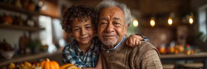 Elderly Hispanic man and young multiracial boy smiling and posing together in a festively decorated kitchen. Concept of family bonding, happiness, and Thanksgiving