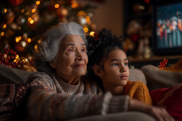 Elderly woman and young girl sitting together and watching TV in a festively decorated living room. Concept of family bonding, holiday celebration, and togetherness