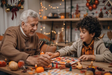 Elderly man and young boy playing a board game together in a festively decorated room. Concept of family bonding, holiday celebration, and togetherness
