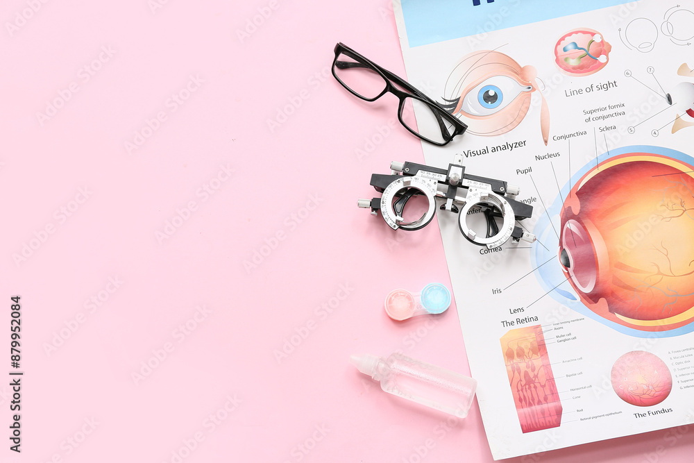 Poster poster of eye structure with optical trial frame, eyeglasses and set for contact lenses on pink back