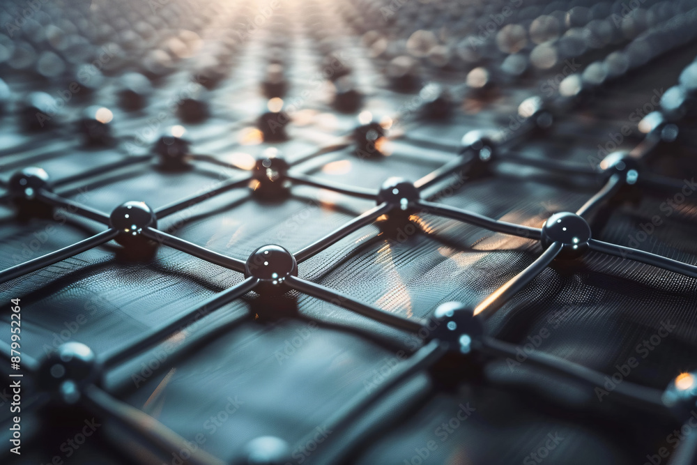 Aufkleber a close-up of a metallic grid with reflective spheres arranged in a geometric pattern creating a mod