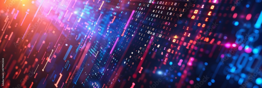 Poster a digital matrix with streaming lights and binary codes portrays data flow and technology advancemen