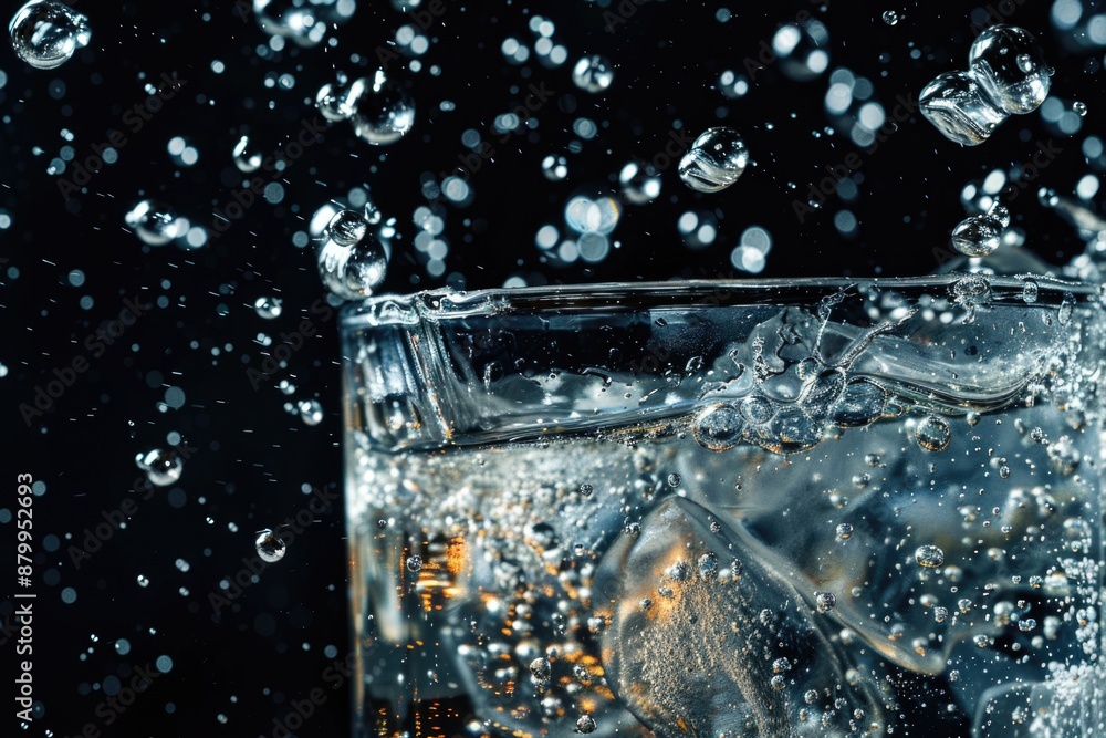 Poster a refreshing glass of water with ice cubes floating on top, perfect for hot summer days or post-work