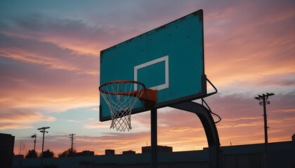 silhouette of net basketball hoop at sunset, street basketball, advertising shoot, copy space for text
