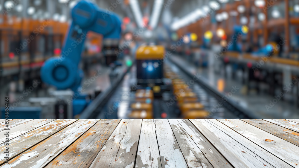 Aufkleber empty wood table top with blur background of factory with robotic arms. the table giving copy space 