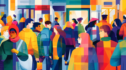 crowd of modern people, stylish, fashionable, at mall shopping, vector style editorial illustration, flat color style artwork with Geometric Shapes, Stylized Figures, a flat perspective and fauvism