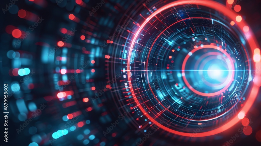 Poster dynamic depiction of a neon tunnel with vibrant blue and red lights, illustrating technological prog