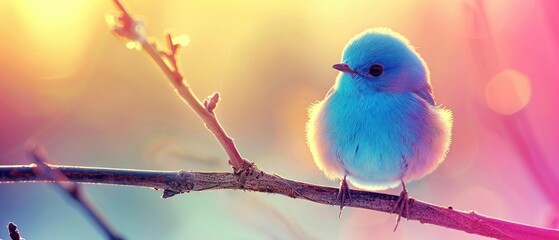 Fototapeta premium Small blue bird perched on tree branch against pink, yellow, and blue background