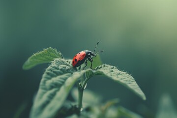 Naklejka premium A ladybug perches on a plant with red-and-black spotted legs. Beautiful simple AI generated image in 4K, unique.