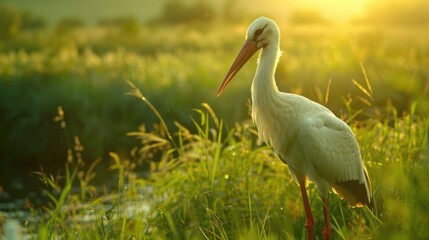 Obraz premium White bird with long beak stands in field of tall grass