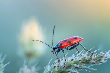A close-up of a red ladybug with black spots perched on a green leaf. Beautiful simple AI generated image in 4K, unique.