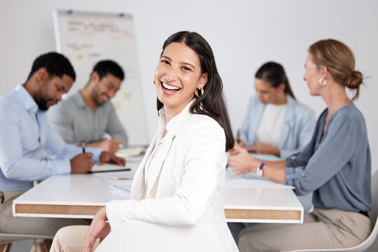 Portrait, business people or happy woman in meeting for laughing, teamwork or collaboration for project. Shareholders, investor or program coordinator in discussion for feedback, review or about us