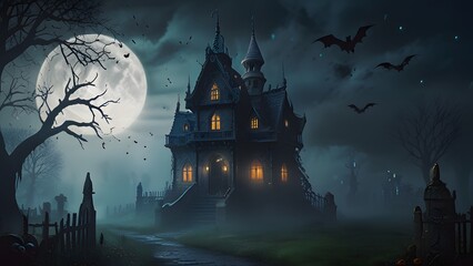 halloween dark castle and gate scene