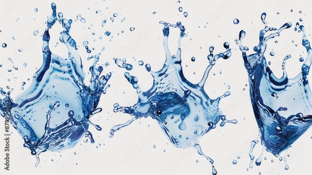 Poster a series of blue water droplets or waves splashing on top of each other, potentially used for scienc