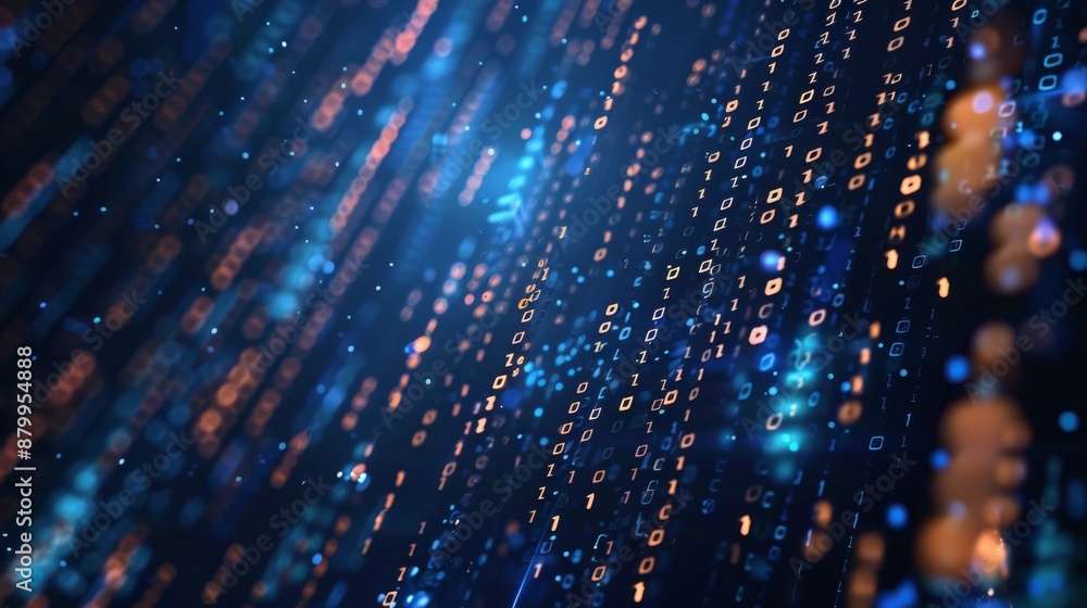 Poster a digital matrix with streaming lights and binary codes portrays data flow and technology advancemen