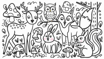 A coloring page with a deer, owl and rabbit, AI