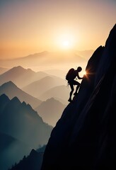 Fototapeta premium silhouette of climber climbing high cliffs, mountain layers and sunset view background 